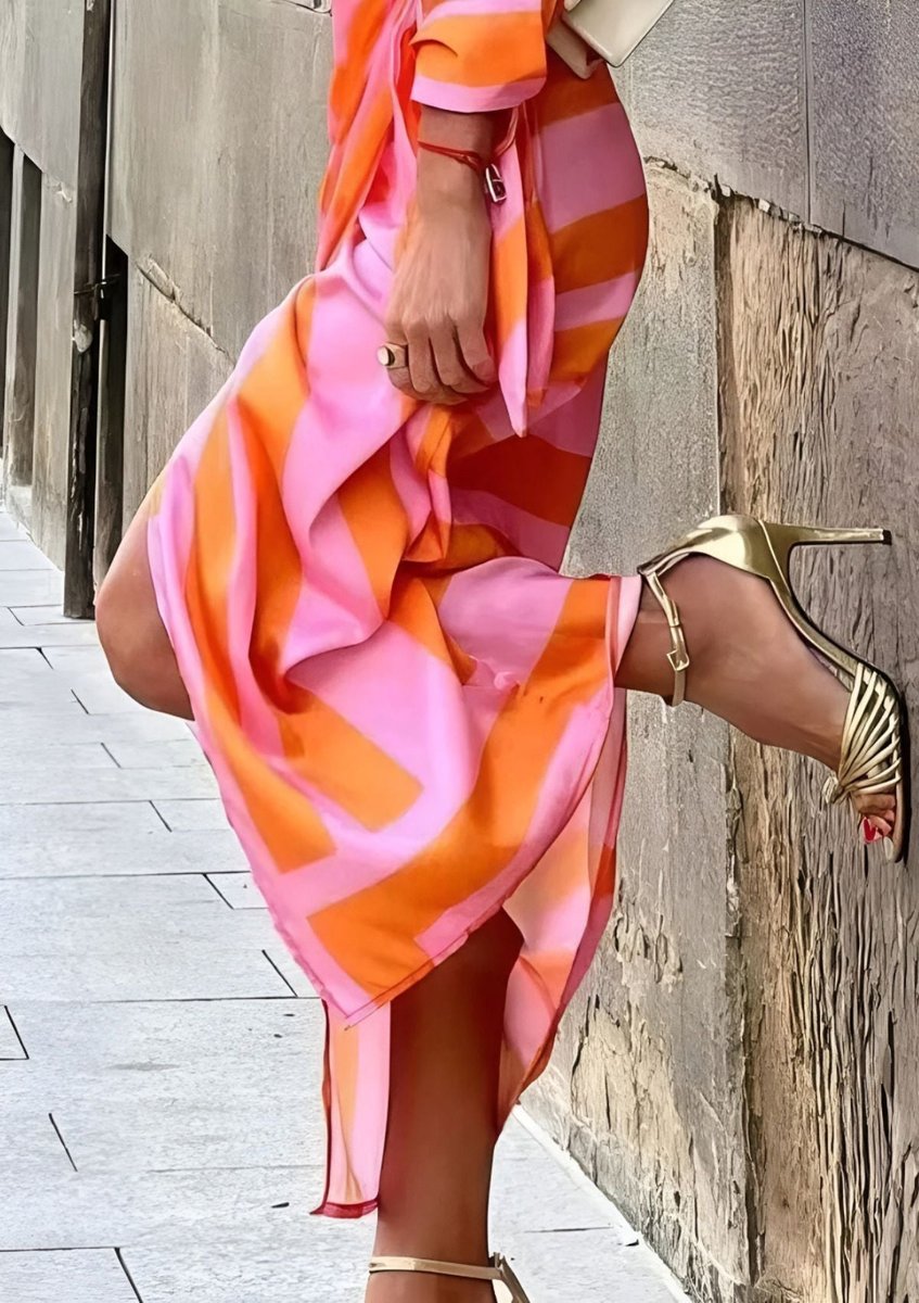 Delphine | Mulher Vestido Midi Manga Longa Wrap Listrado Decote V