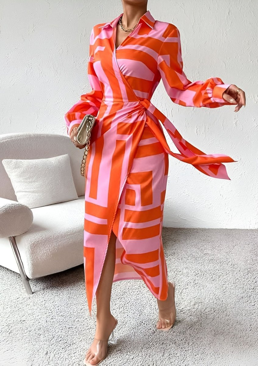 Delphine | Mulher Vestido Midi Manga Longa Wrap Listrado Decote V