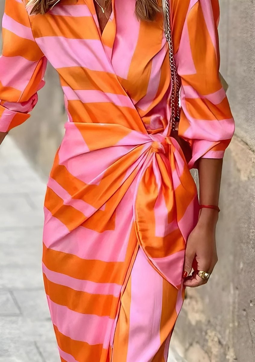 Delphine | Mulher Vestido Midi Manga Longa Wrap Listrado Decote V