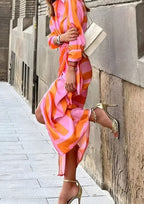 Delphine | Mulher Vestido Midi Manga Longa Wrap Listrado Decote V