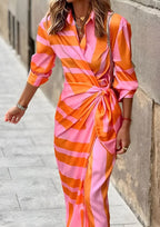 Delphine | Mulher Vestido Midi Manga Longa Wrap Listrado Decote V