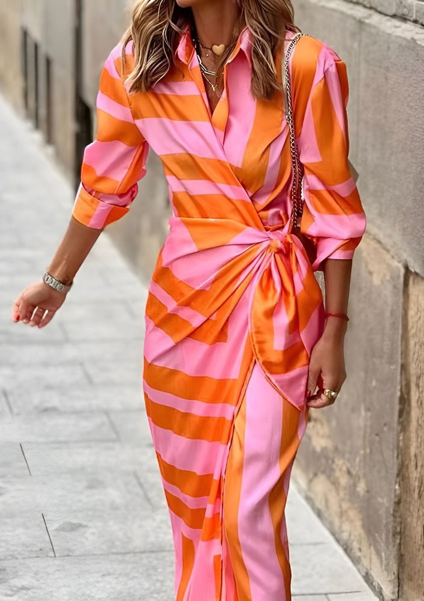 Delphine | Mulher Vestido Midi Manga Longa Wrap Listrado Decote V