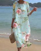 Ottavia | Mulher Vestido Midi Floral Manga 3/4 Gola Redonda