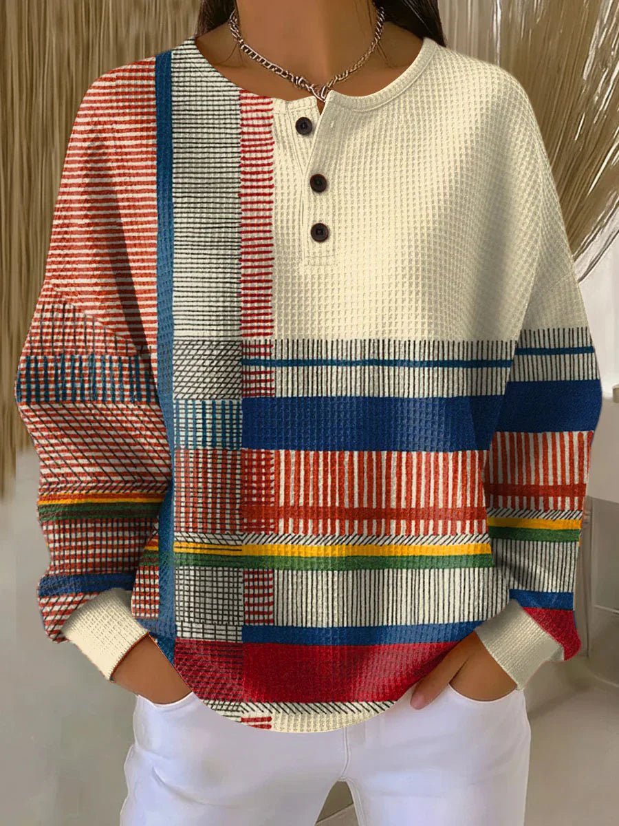 Cosima | Camisola Feminina Waffel Henley Colorblock Relaxed Fit