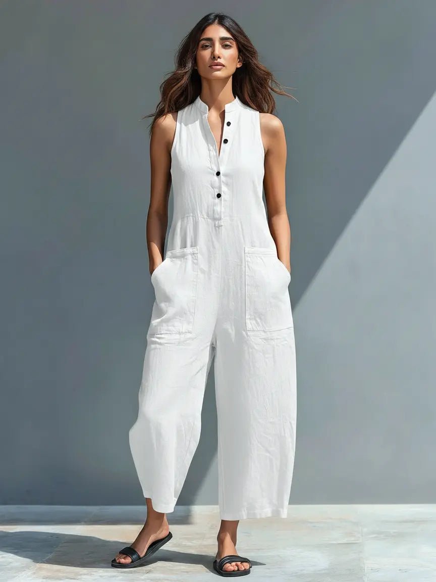 Bexcellent | Mulher Linho Macacão sem Mangas Gola Alta Botões