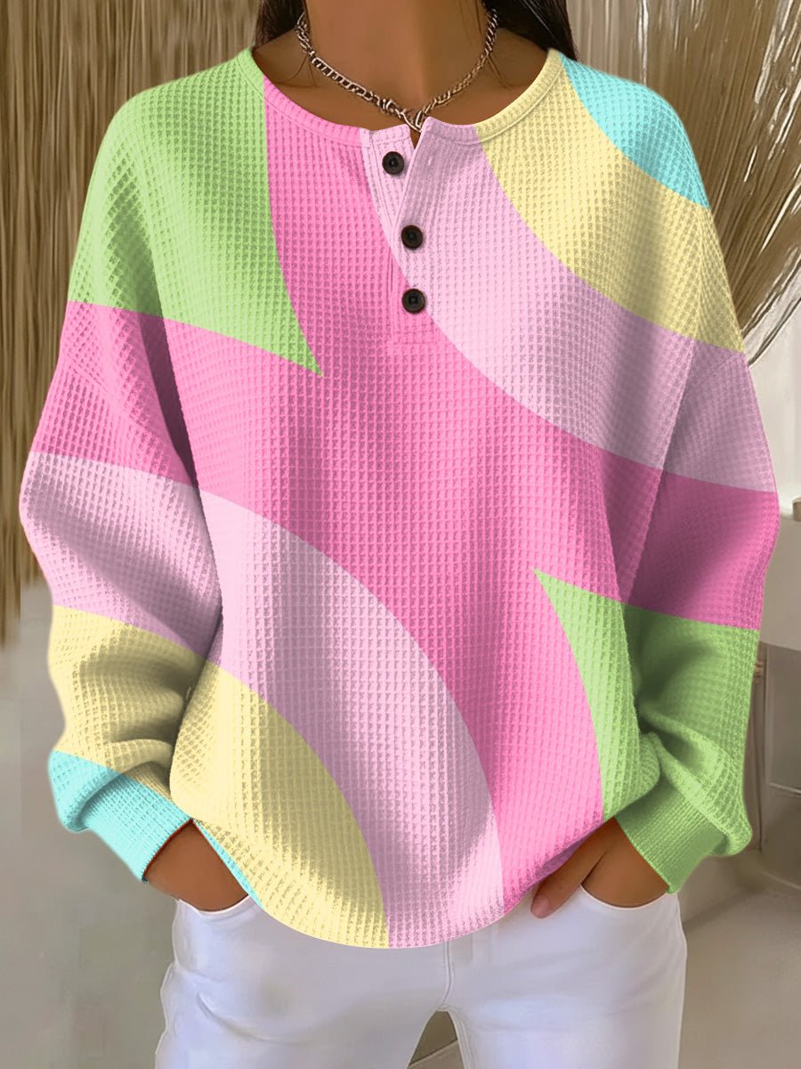 Marlow | Mulher Tricô Waffle Pullover Henley Colorblock Geométrico