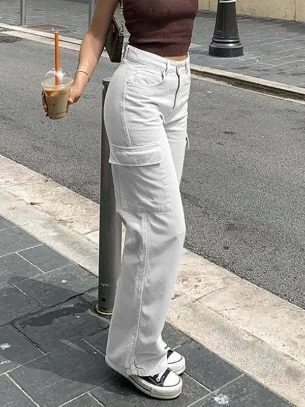Nora | Calças Cargo Jeans Femininas Multibolsos