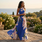 Faline | Vestido Longo Feminino Estampado Assimétrico Halter
