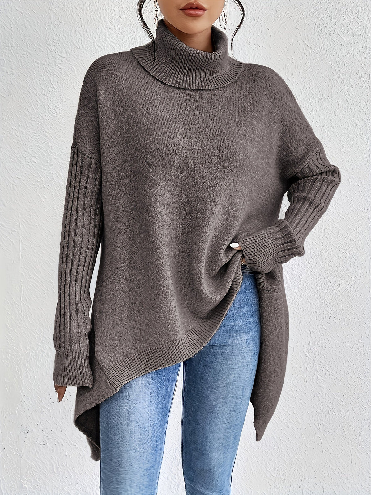 Mulher Camisola Tricot Gola Alta Assimétrica
