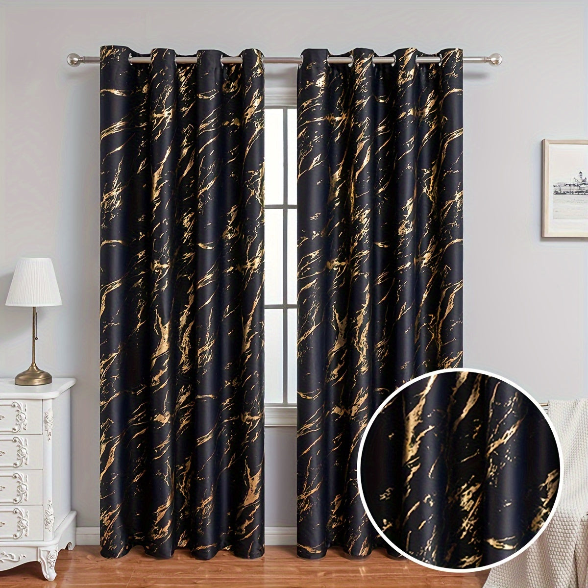 Aria | Cortinas Blackout | Estampa Mármore Bronzeado, 2 Peças | Sala e Quarto