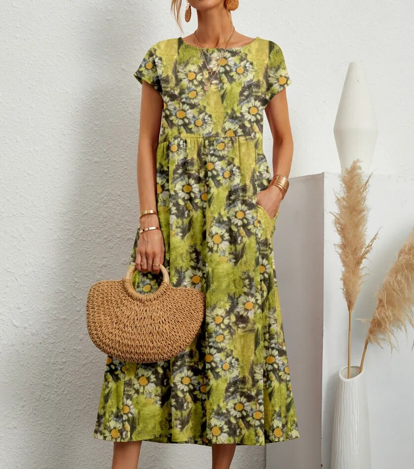 Vestido de Verão com Estampa Floral | Corte A, Manga Curta