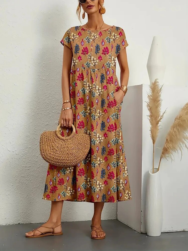 Vestido de Verão com Estampa Floral | Corte A, Manga Curta