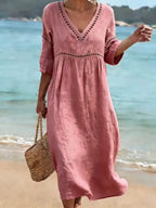 Nina | Vestido Feminino Decote V Manga Curta com Bolsos