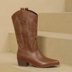 Botas cowboy femininas cano alto bordadas estilo western com salto bloco
