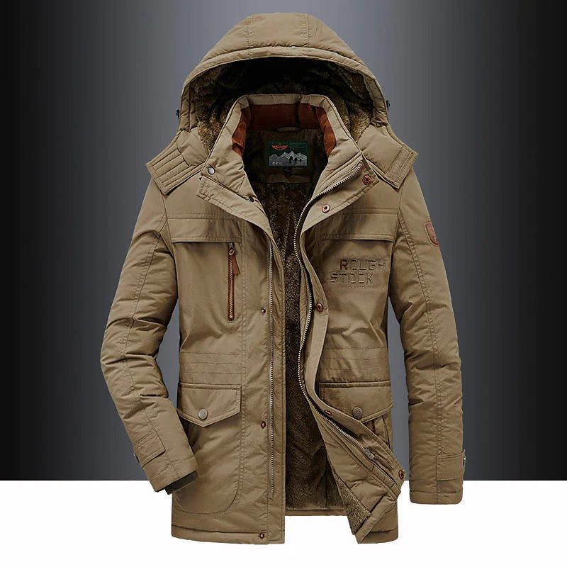 Homens Parka Média Comprimento com Capuz e Fecho de Correr