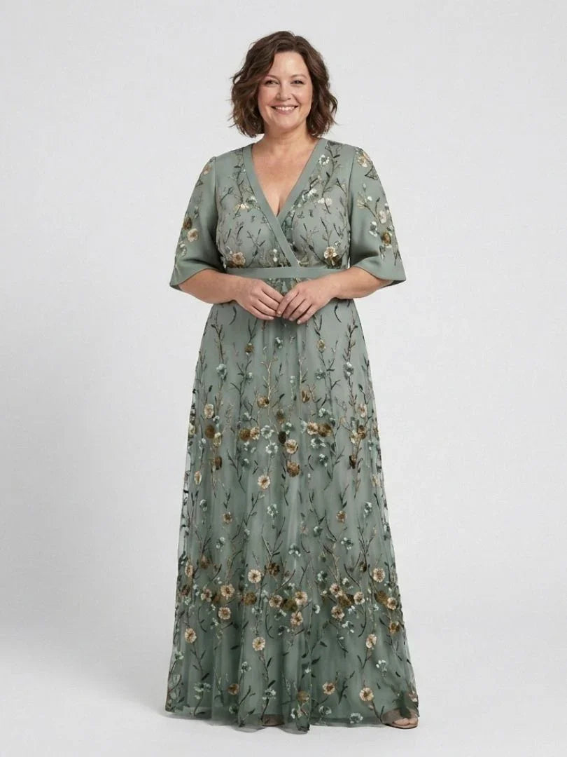 Linnea | Vestido Longo Floral Decote V Manga Curta Feminino