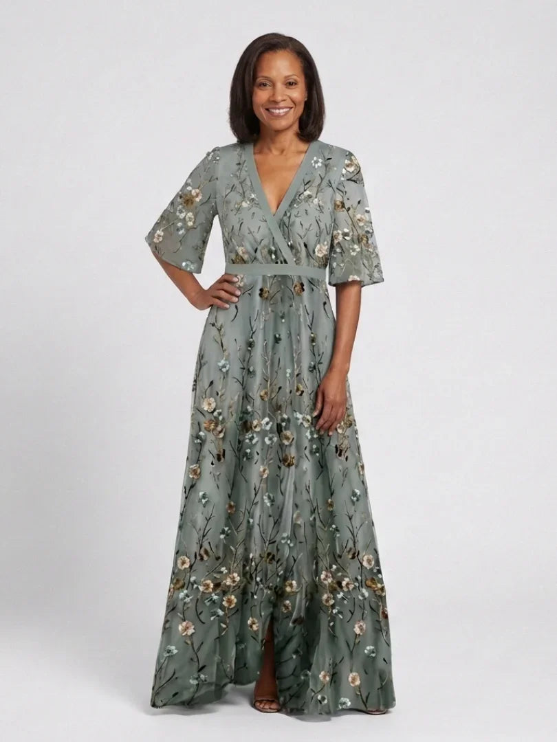 Linnea | Vestido Longo Floral Decote V Manga Curta Feminino