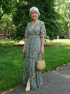 Linnea | Vestido Longo Floral Decote V Manga Curta Feminino