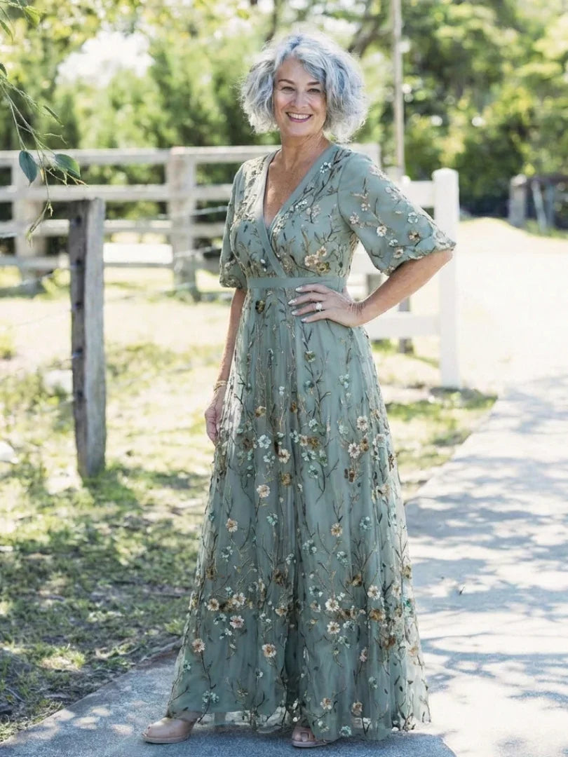 Linnea | Vestido Longo Floral Decote V Manga Curta Feminino
