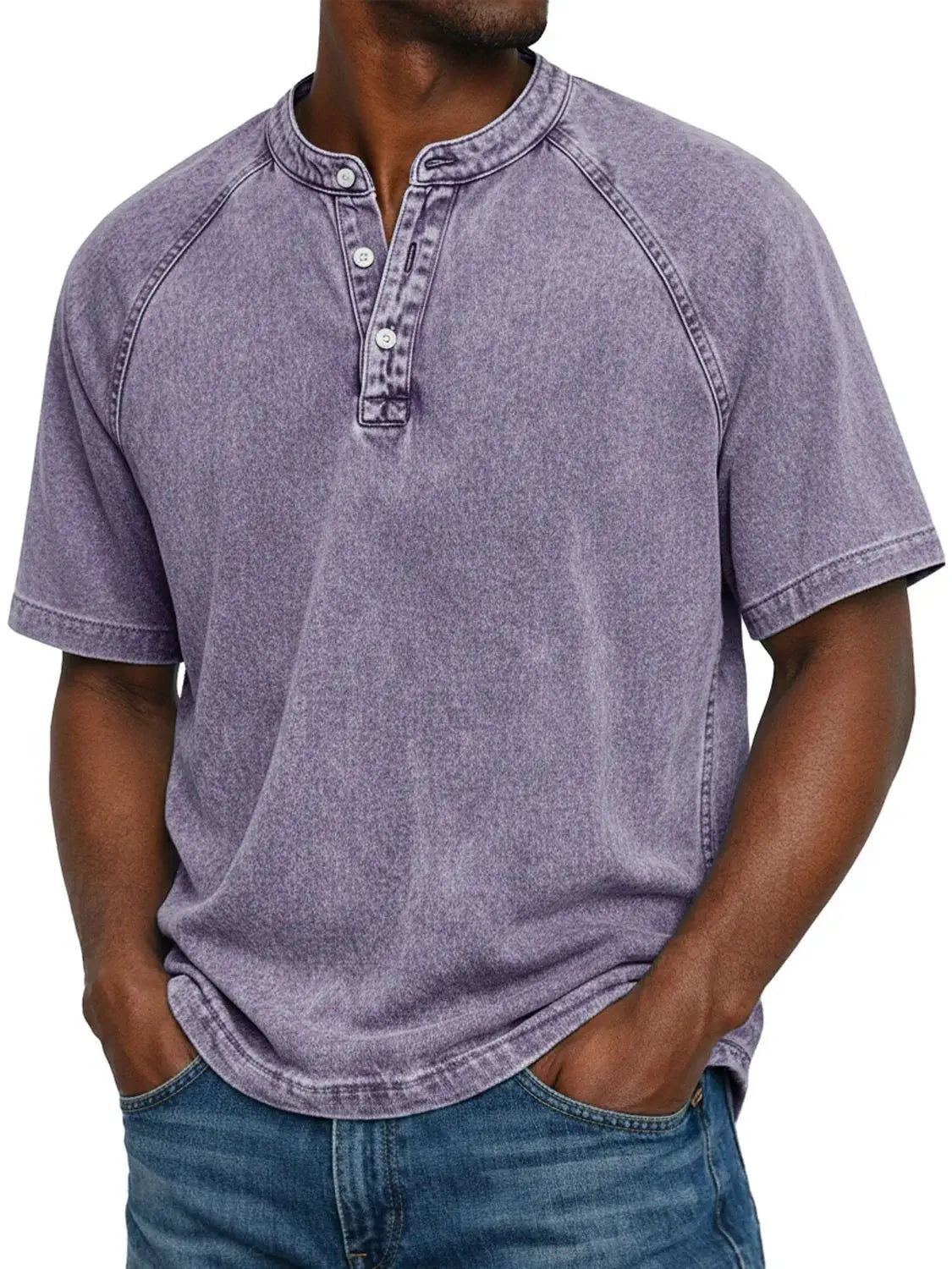 T-shirt Henley Homem | Manga Curta, Efeito Lavado | Casual
