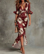 Nina | Vestido Midi Cetim Estampa Floral Decote em V