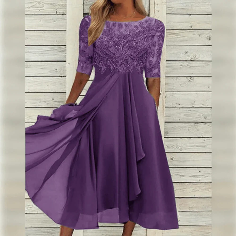 Thalia | Vestido Midi Chiffon Renda Manga Três Quartos