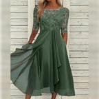 Thalia | Vestido Midi Chiffon Renda Manga Três Quartos