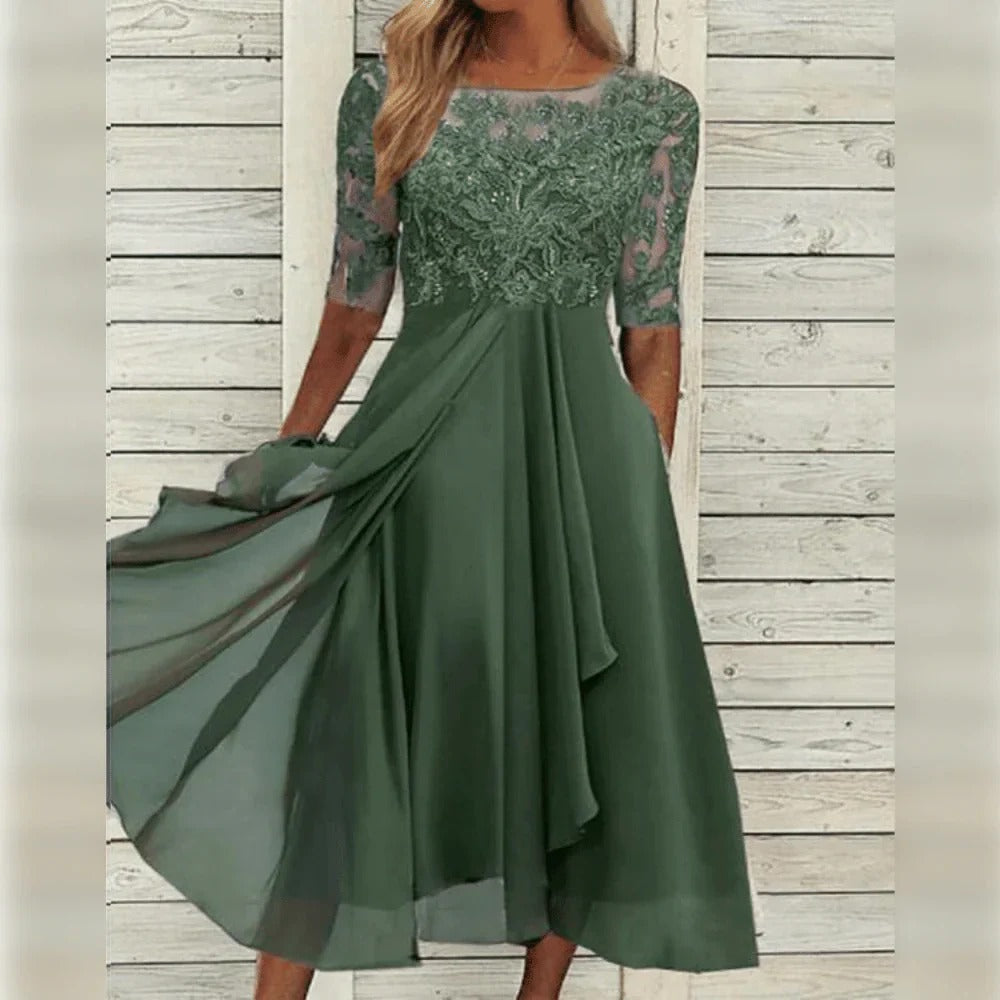 Thalia | Vestido Midi Chiffon Renda Manga Três Quartos