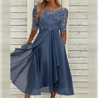 Thalia | Vestido Midi Chiffon Renda Manga Três Quartos