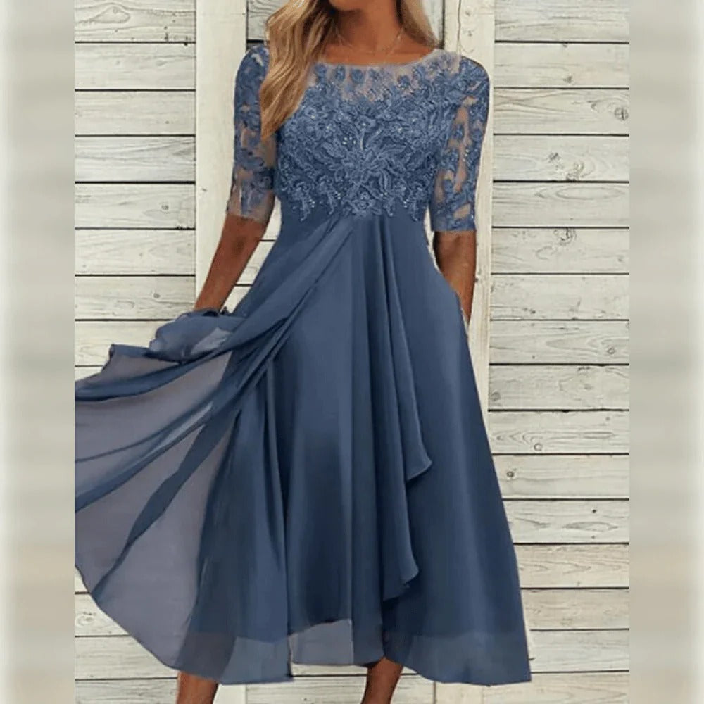 Thalia | Vestido Midi Chiffon Renda Manga Três Quartos