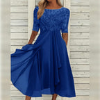Thalia | Vestido Midi Chiffon Renda Manga Três Quartos