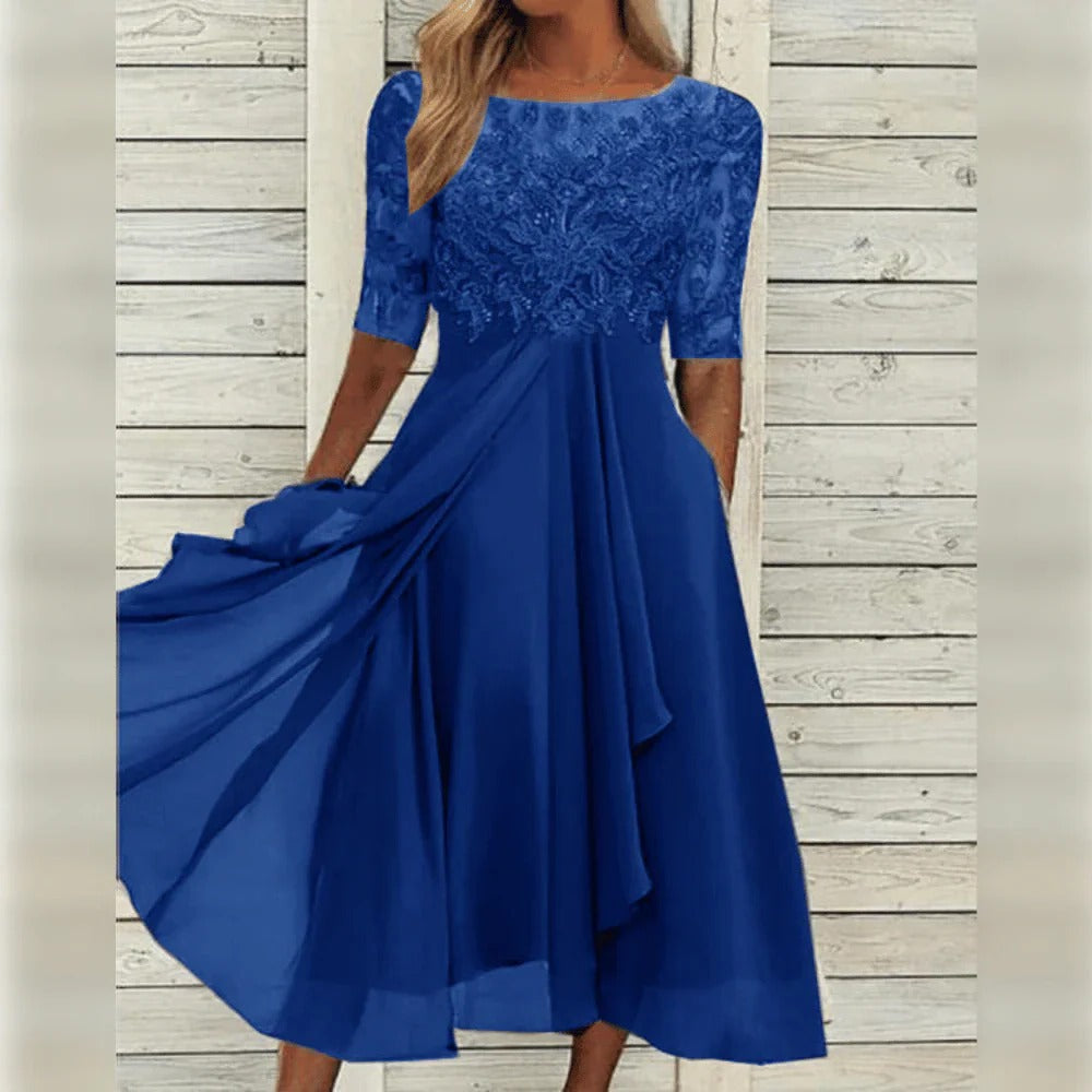 Thalia | Vestido Midi Chiffon Renda Manga Três Quartos