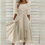 Thalia | Vestido Midi Chiffon Renda Manga Três Quartos