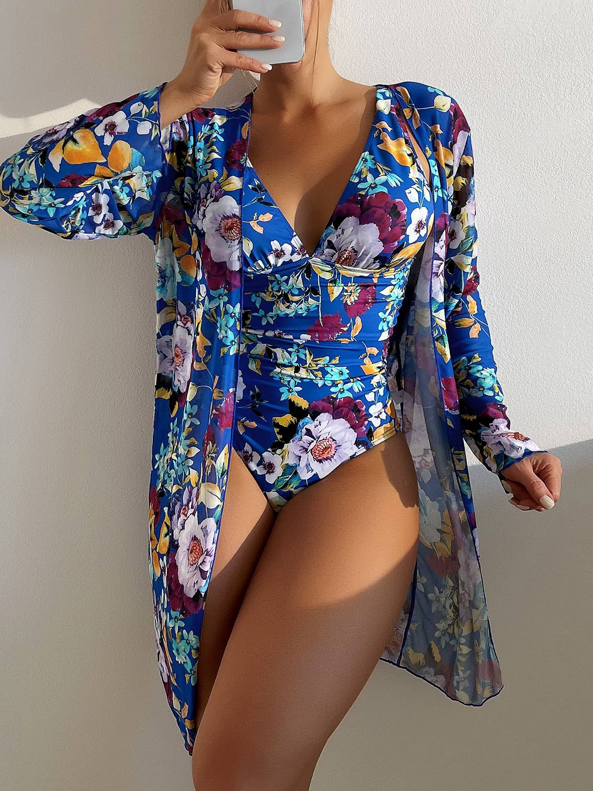 Mulher Biquíni 3 Peças Floral Azul Saia Envolvente