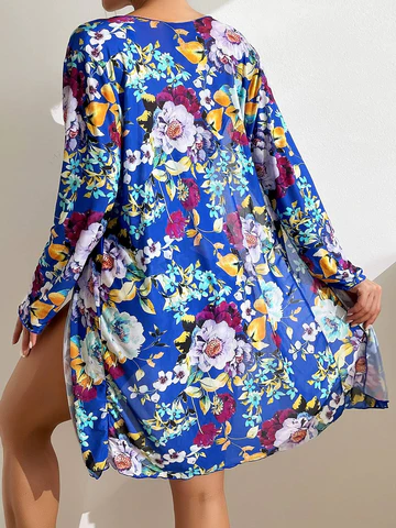 Mulher Biquíni 3 Peças Floral Azul Saia Envolvente