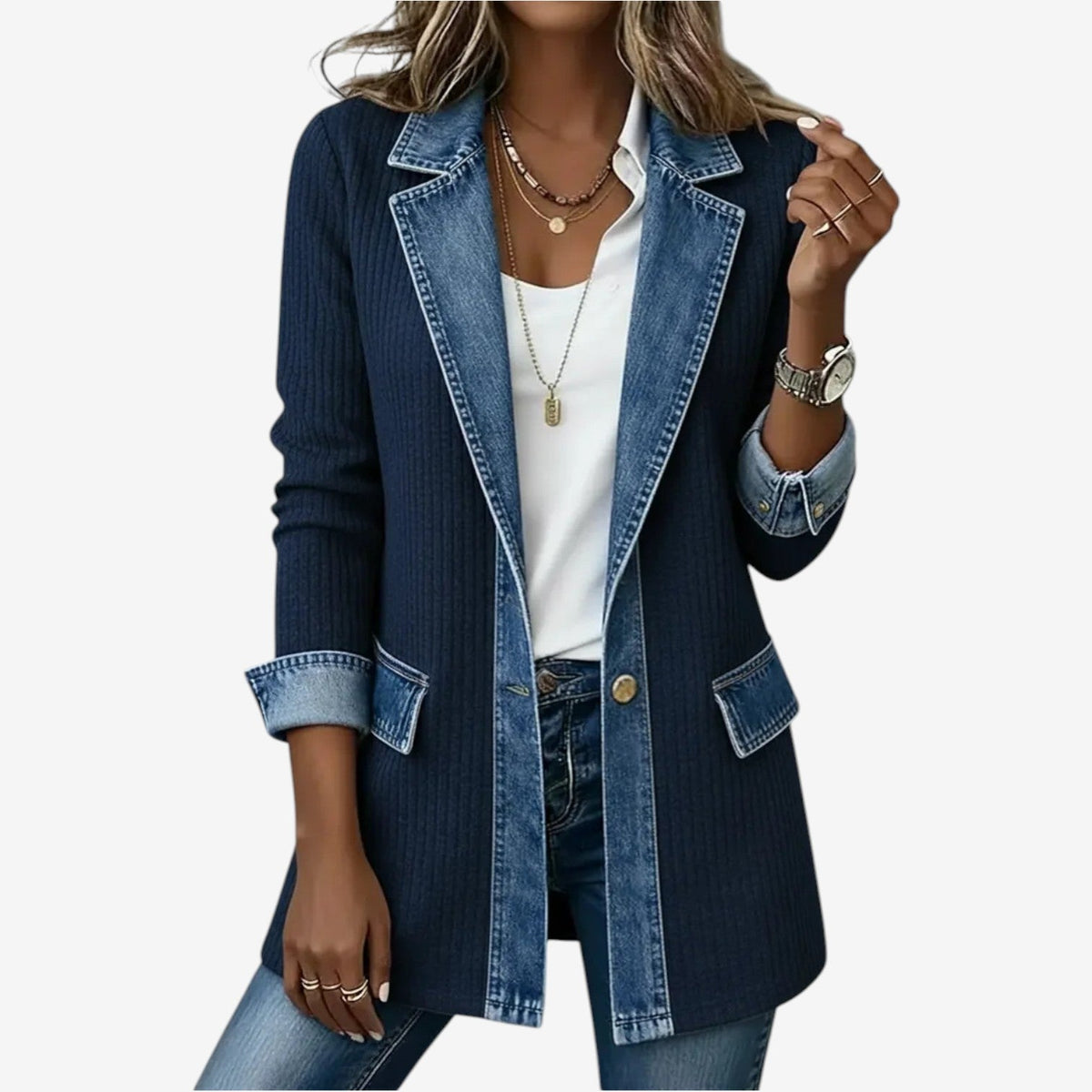 Sabine | Casaco Feminino Malha Canelada com Recortes Jeans