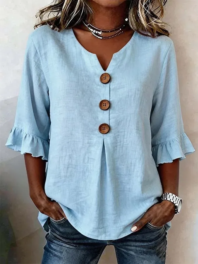 Camisa de Mulher Decote em V com Botões | Fluida, Confortável, Respirável