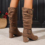 Botas Femininas Joelho | Salto Bloco, Fivela