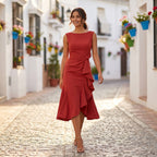 Vestido Midi de Cóctel | Volantes Assimétricos, Sem Mangas, Nó Lateral