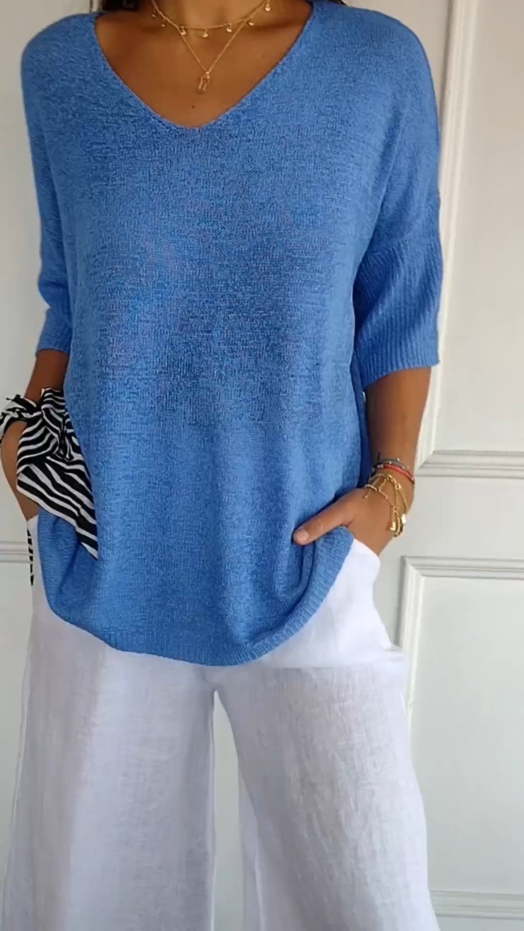 Top de Tricot Mulher | Decote V | Manga Longa, Estilo Casual