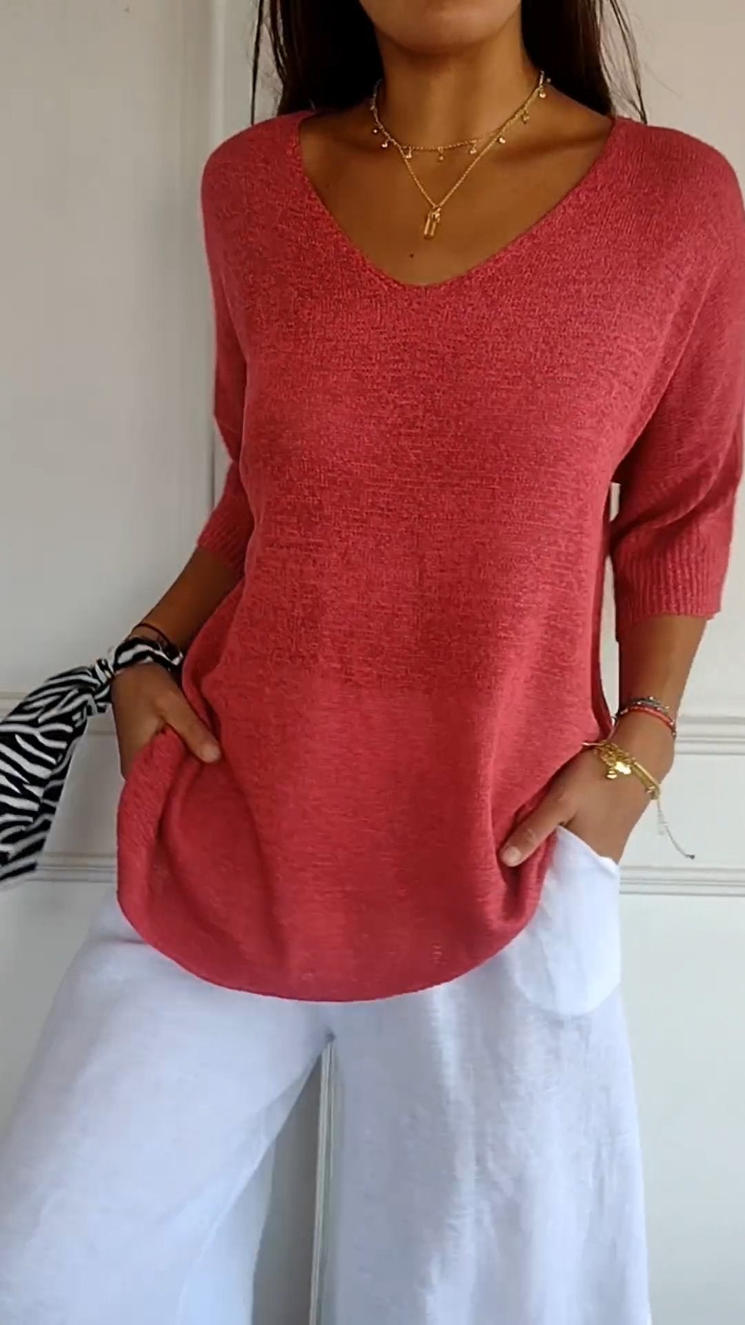 Top de Tricot Mulher | Decote V | Manga Longa, Estilo Casual