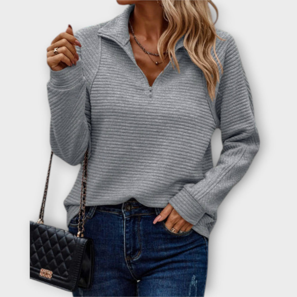 Dione | Camisola Canelada Feminina Quarter-Zip com Gola