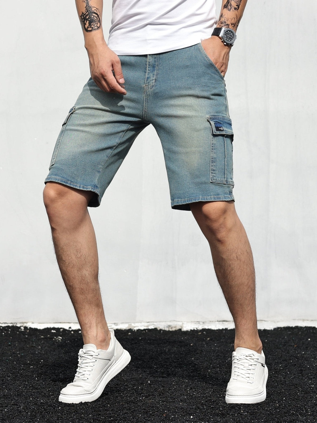 Willa | Homem Calções Cargo Denim Cós Ajustável