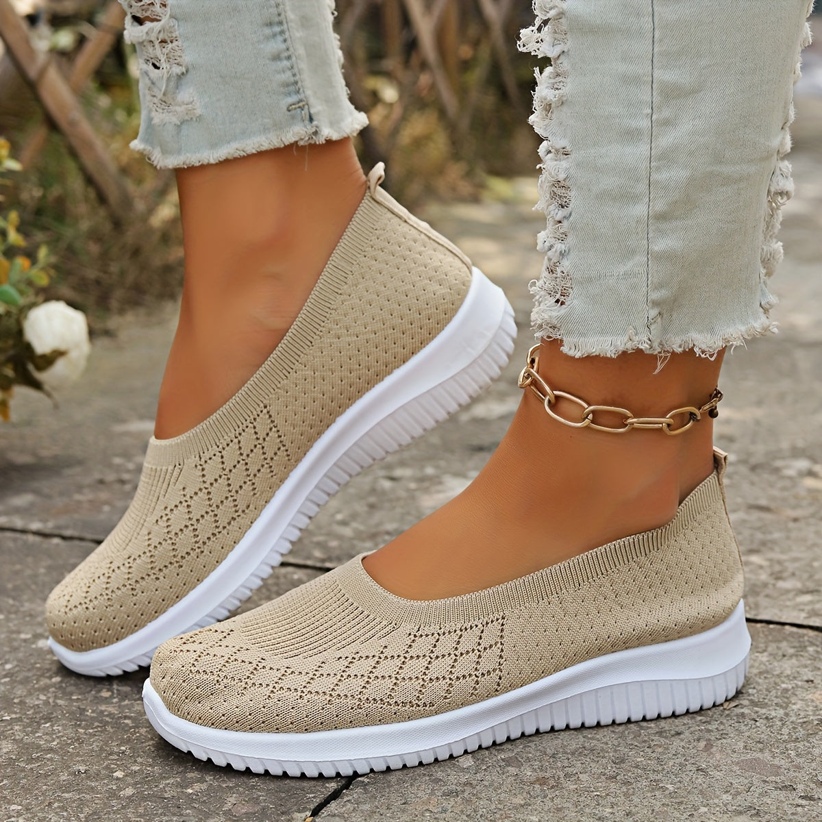 Eira | Sapatilhas Slip On Femininas Malha Bico Redondo
