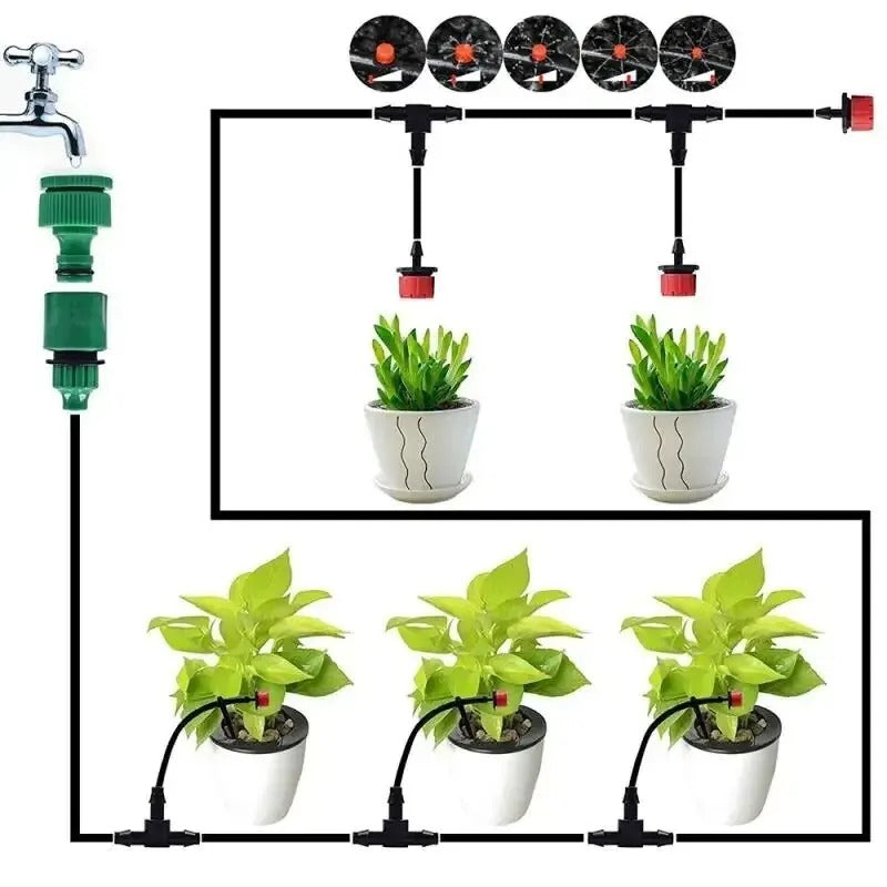 Sistema de irrigação automático para jardim com mangueira e sprinklers ajustáveis