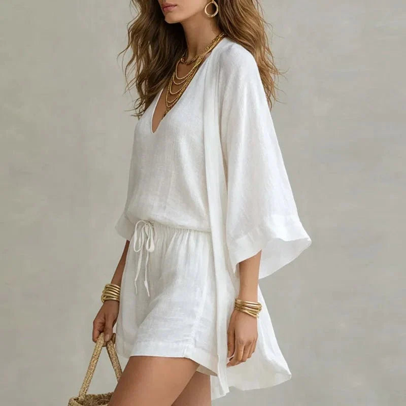 Conjunto de shorts para mulher | Top, shorts e camiseta | Algodão-linho