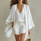 Conjunto de shorts para mulher | Top, shorts e camiseta | Algodão-linho