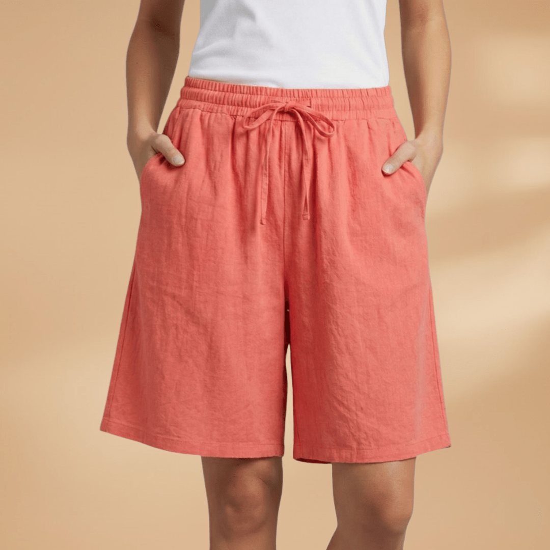 Shorts feminino algodão relaxed fit com cós elástico e cordão regulável
