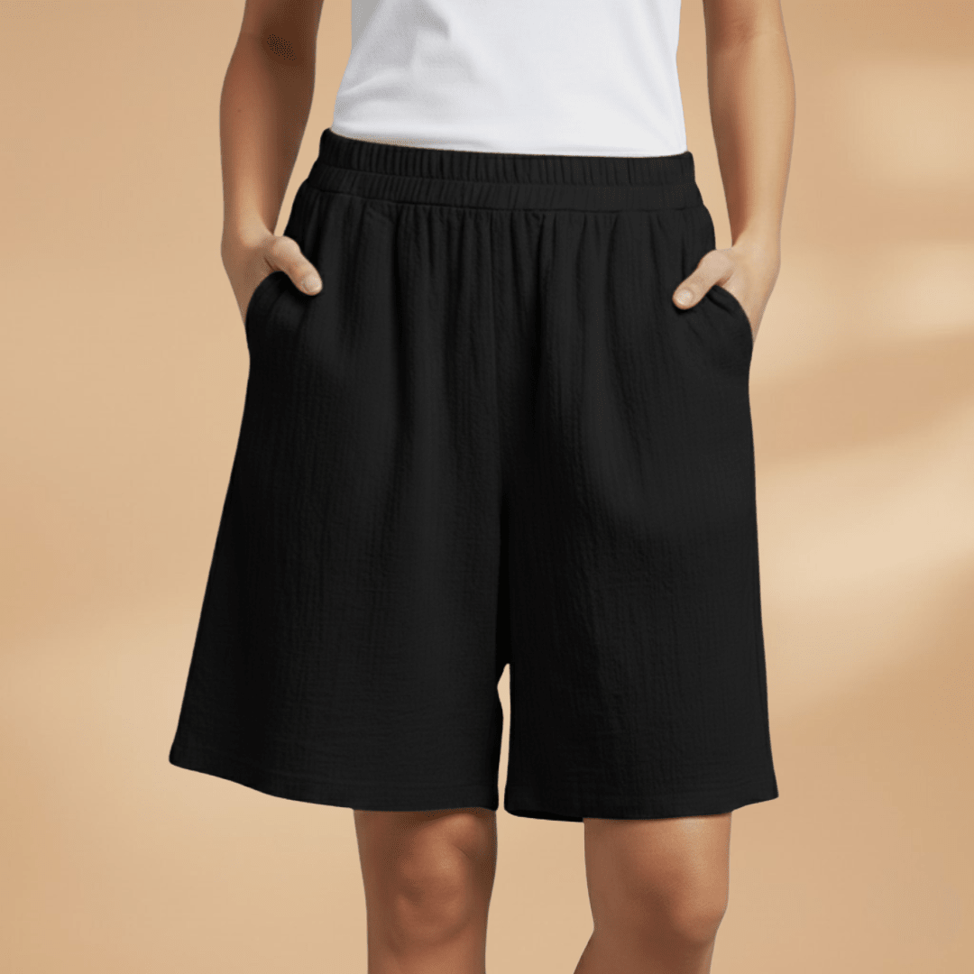 Shorts feminino algodão relaxed fit com cós elástico e cordão regulável