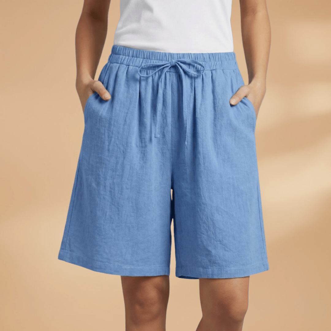 Shorts feminino algodão relaxed fit com cós elástico e cordão regulável